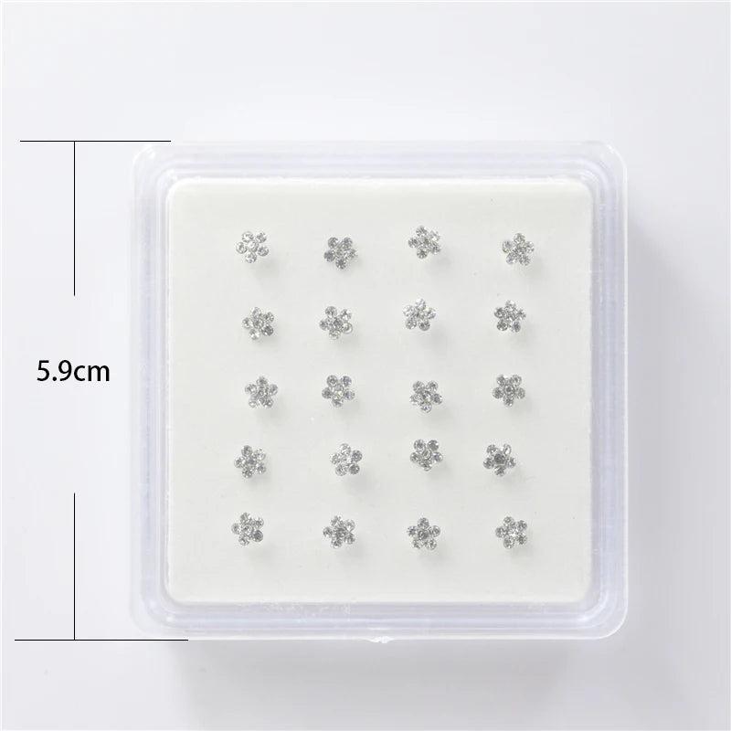 20Pcs Body Nose Piercing Jewelry Colored Crystal Flower Nose Nail