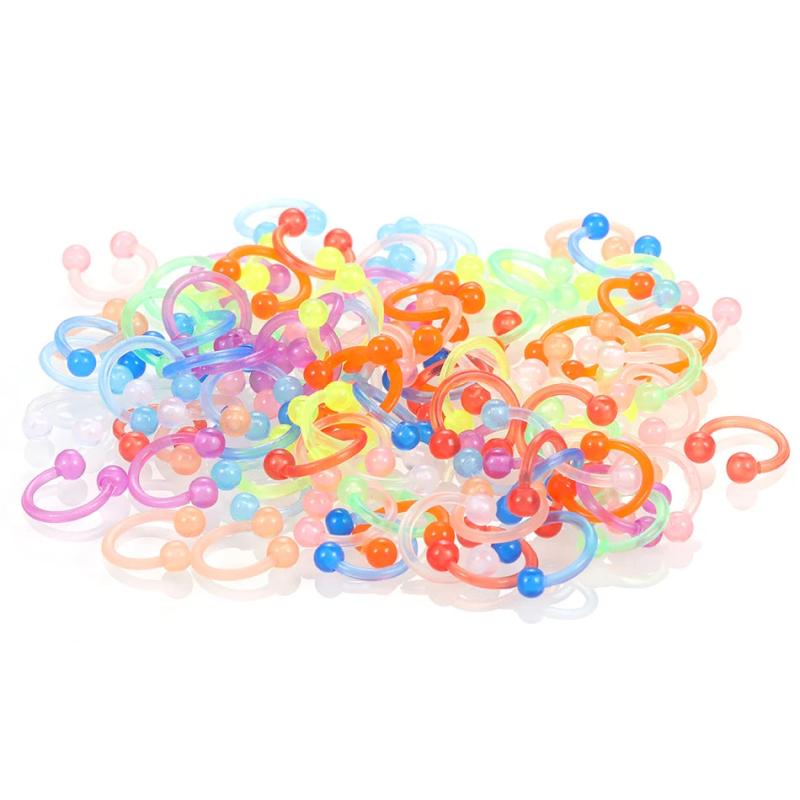 100Pcs Acrylic Circular Barbell Horseshoe Ring 16G Luminous Nose Piercing
