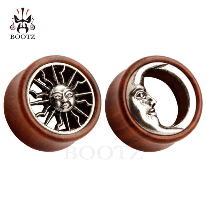 2PCS Asymmetric Wood Ear Piercing Tunnel Earrings Sun Moon Plugs Stretcher