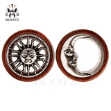 2PCS Asymmetric Wood Ear Piercing Tunnel Earrings Sun Moon Plugs Stretcher