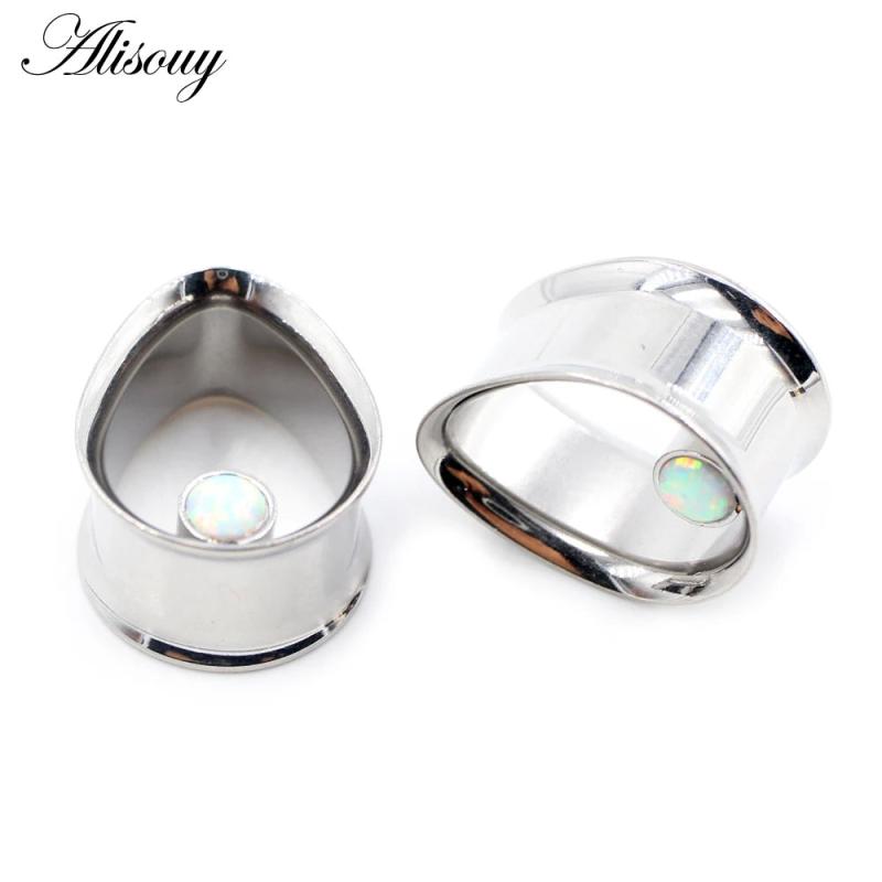 2pcs Water Drop Opal Stone Ear Tunnels Plugs Stainless Steel