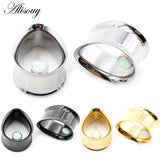 2pcs Water Drop Opal Stone Ear Tunnels Plugs Stainless Steel