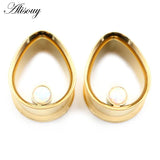 2pcs Water Drop Opal Stone Ear Tunnels Plugs Stainless Steel