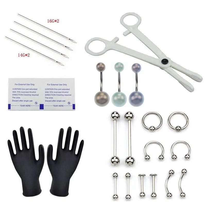 Disposable Body Piercing Kit - Needles, Clamp, Gloves - Ear Nose Navel