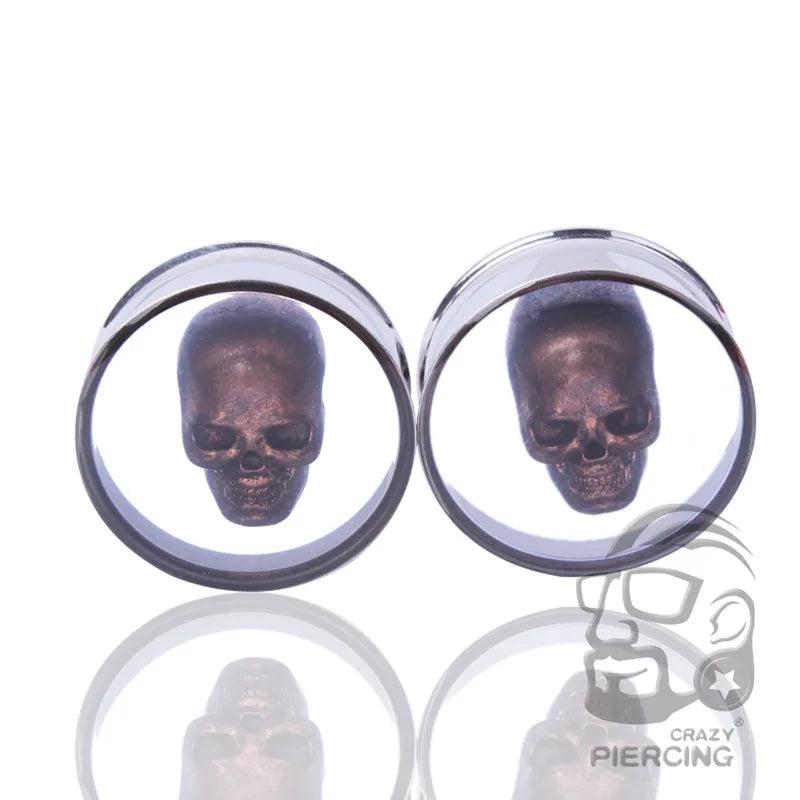 3D Skull Double Flare Steel Plugs 10-25mm