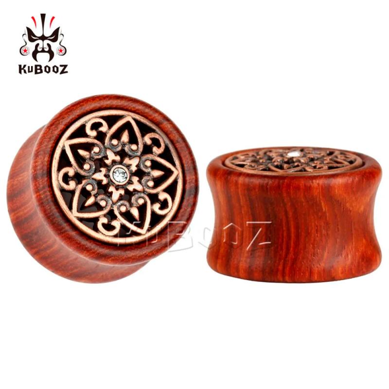 Kubooz Wood Ear Plugs Tunnels Metal Crystal Pair Ear Gauges