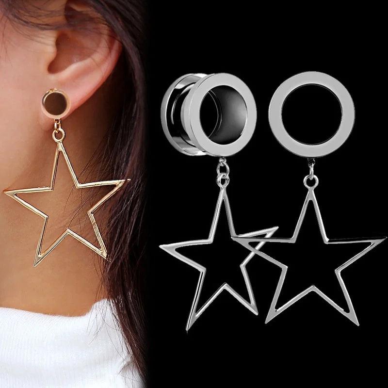 2 Stainless Steel Star Ear Tunnel Plugs 4-25mm
