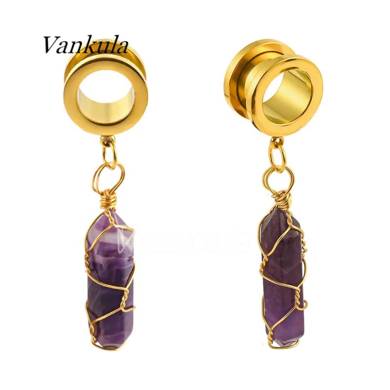 2PCS Golden Ear Plugs Tunnels Dangle Earrings Gauges Expander