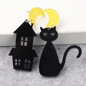 Halloween Moon Cat Drop Earrings Asymmetrical Dangle