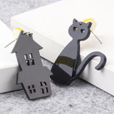 Halloween Moon Cat Drop Earrings Asymmetrical Dangle