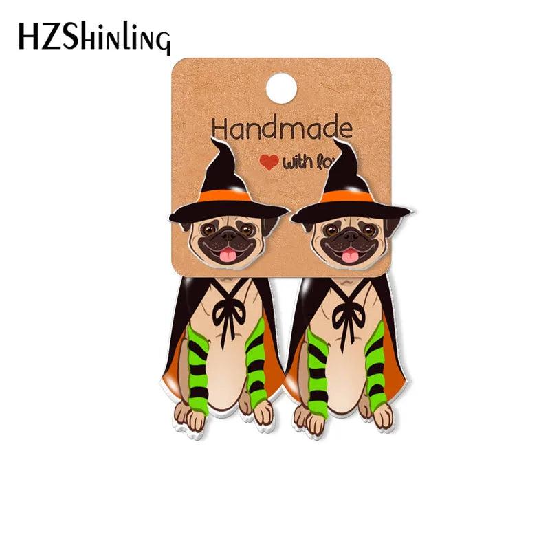 Halloween Pug Puppy Pumpkin Acrylic Clip Earrings