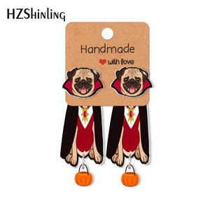 Halloween Pug Puppy Pumpkin Acrylic Clip Earrings