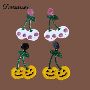Cherry Pumpkin Drop Earrings Women Halloween Costume Cosplay Skull Ghost Dangle