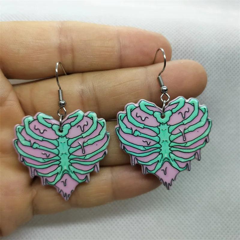 Yungqi Acrylic Heart Skull Dangle Earring Halloween Drop Earrings
