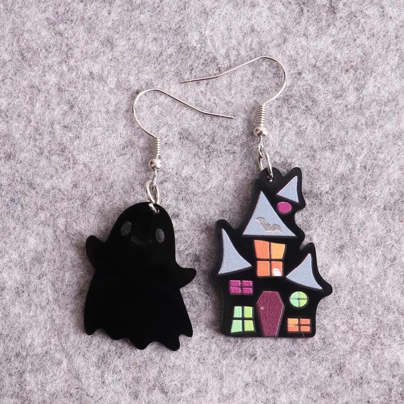 Ghost Castle Halloween Earrings Witch Hat Broom Drop