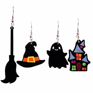 Ghost Castle Halloween Earrings Witch Hat Broom Drop