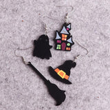 Ghost Castle Halloween Earrings Witch Hat Broom Drop