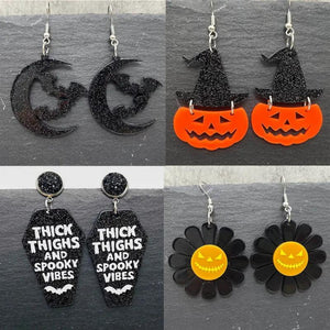 Halloween Moon & Bat Earrings - Witchy Goth Jewelry