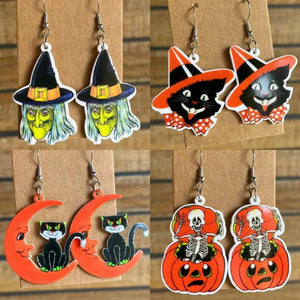 Red Acrylic Moon Cat Skull Skeleton Witch Hat Earrings Halloween