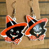 Red Acrylic Moon Cat Skull Skeleton Witch Hat Earrings Halloween