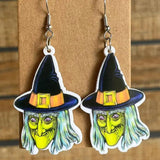 Red Acrylic Moon Cat Skull Skeleton Witch Hat Earrings Halloween