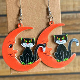 Red Acrylic Moon Cat Skull Skeleton Witch Hat Earrings Halloween