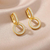 Zircon Circle Drop Earrings Stainless Steel Round Pendant Earring