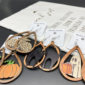Halloween Cat Drop Earring Wood Charm Hook Piercing Women Jewelry