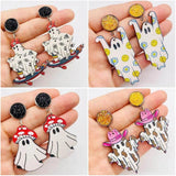 Faux Drusy Wood Ghost Dangle Earrings Cowgirl Hat Mushroom Halloween Jewelry
