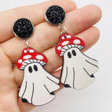 Faux Drusy Wood Ghost Dangle Earrings Cowgirl Hat Mushroom Halloween Jewelry