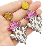 Faux Drusy Wood Ghost Dangle Earrings Cowgirl Hat Mushroom Halloween Jewelry