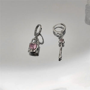 Korea Goth Pink Crystal Peach Heart Bow Earrings For Egirl Y2k