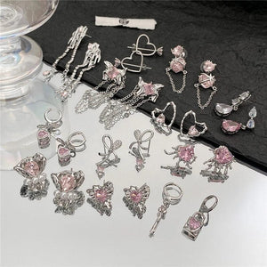 Korea Goth Pink Crystal Peach Heart Bow Earrings For Egirl Y2k