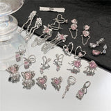 Korea Goth Pink Crystal Peach Heart Bow Earrings For Egirl Y2k