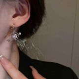 Korea Goth Pink Crystal Peach Heart Bow Earrings For Egirl Y2k