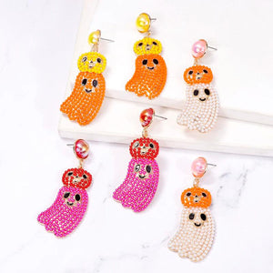 Boho Seed Beads Ghost Pumpkin Dangle Earrings Halloween