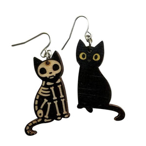 Skeleton Cat Wood Earrings Halloween Accessories