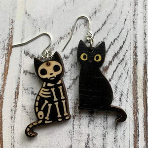 Skeleton Cat Wood Earrings Halloween Accessories