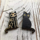 Skeleton Cat Wood Earrings Halloween Accessories