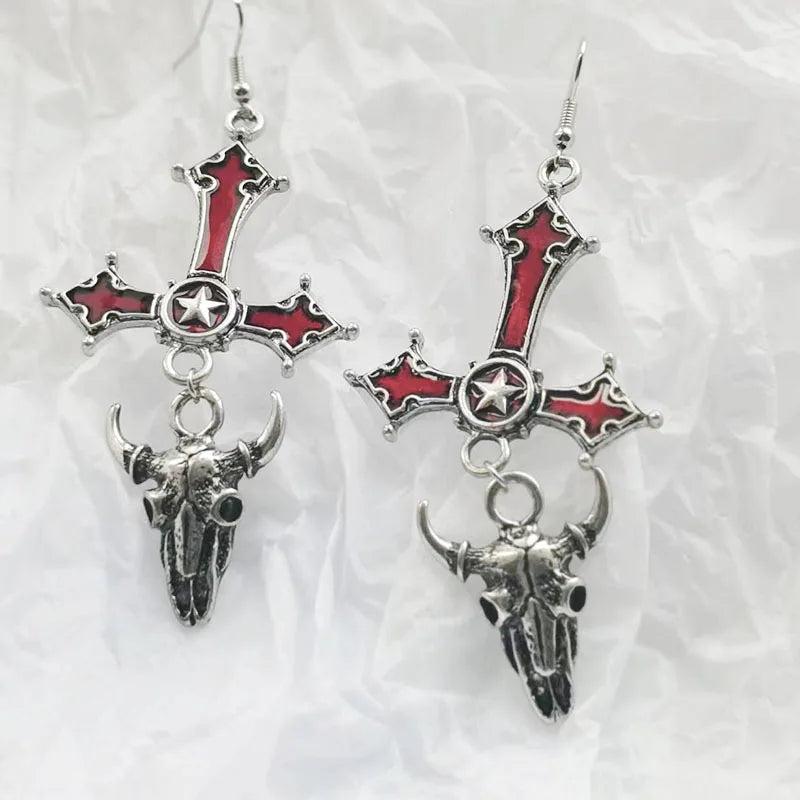 Gothic Cross Earrings Halloween Gift Red Drop Sheepshead Pentagram