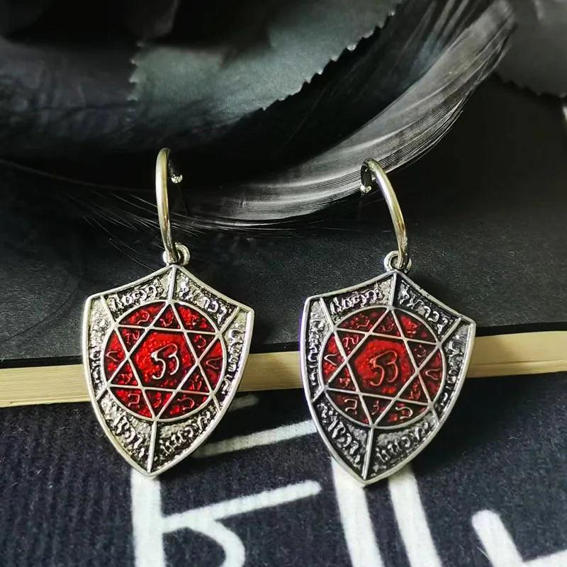 Punk Gothic Red Shield Earrings Vintage Silver Drop Ear Hook Halloween Gift