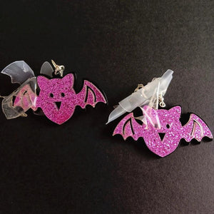 Purple Glitter Bat Skull Drop Earrings for Halloween