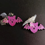 Purple Glitter Bat Skull Drop Earrings for Halloween
