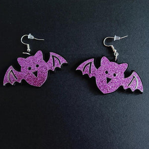 Purple Glitter Bat Skull Drop Earrings for Halloween
