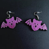 Purple Glitter Bat Skull Drop Earrings for Halloween