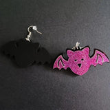 Purple Glitter Bat Skull Drop Earrings for Halloween