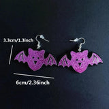 Purple Glitter Bat Skull Drop Earrings for Halloween