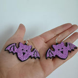 Purple Glitter Bat Skull Drop Earrings for Halloween