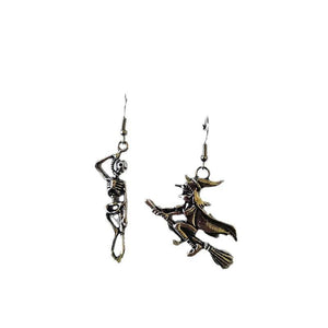 Gothic Punk Halloween Earrings Skeleton Broom Witch