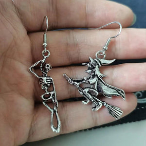 Gothic Punk Halloween Earrings Skeleton Broom Witch